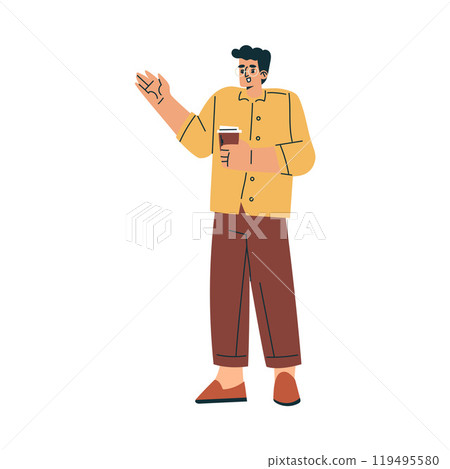 Man Character Standing with Coffee Cup Relaxing in Nature in the Park Vector Illustration Man Character Standing with Coffee Cup Relaxing in Nature in the Park Vector Illustration 119495580