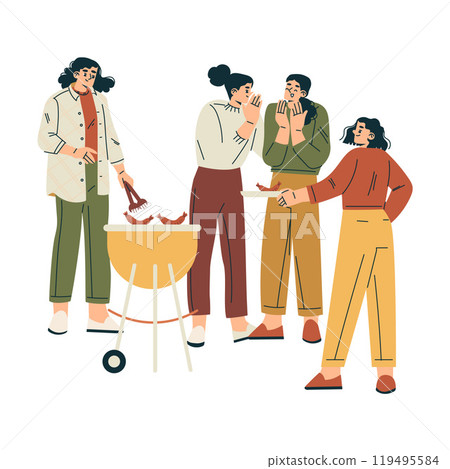 Woman Character Grill Sausage Relaxing in Nature in the Park Have Barbecue Vector Illustration Woman Character Grill Sausage Relaxing in Nature in the Park Have Barbecue Vector Illustration 119495584