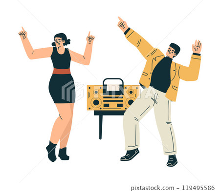 Man and Woman Character Dance to Music Relaxing in Nature in the Park Vector Illustration Man and Woman Character Dance to Music Relaxing in Nature in the Park Vector Illustration 119495586