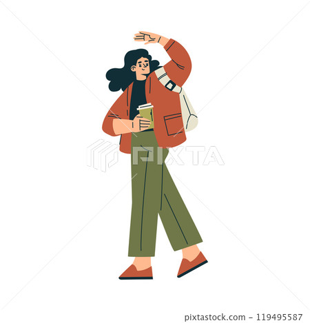 Woman Character Walking with Coffee Cup Relaxing in Nature in the Park Vector Illustration Woman Character Walking with Coffee Cup Relaxing in Nature in the Park Vector Illustration 119495587