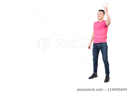 Cheerful man showing V sign. White background 119495604
