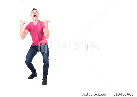 Mad man screaming and showing rock n roll gesture 119495605