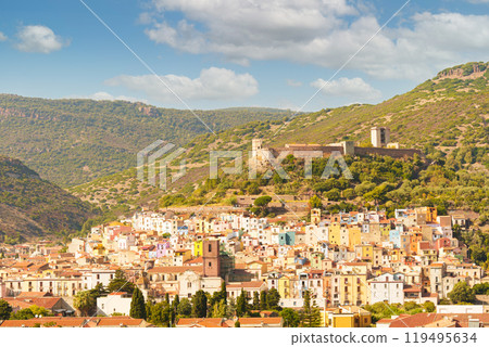 Panoramic view of the Sardinian village of Bosa with its castle 119495634
