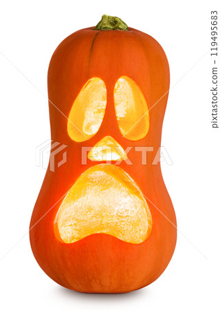 Funny Jack O Lantern halloween pumpkin with candle light inside isolated on white background 119495683