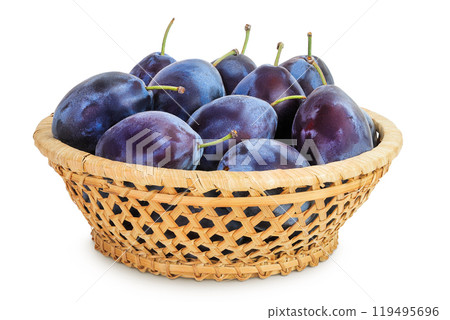 plum in a wicker basket isolated on white background 119495696