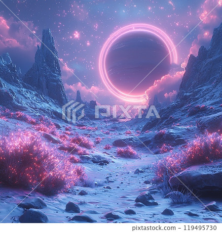 Alien Landscape with Crystals and Planetary Rings. Science Fiction Day Alien Landscape with Crystals and Planetary Rings. Science Fiction Day 119495730