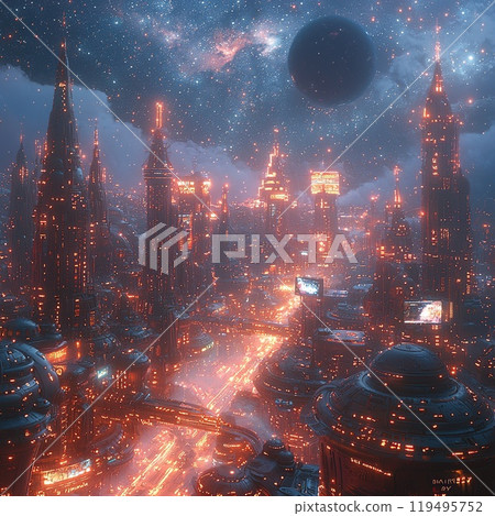 Futuristic cityscape with flying vehicles and glowing skyscrapers. Created with Generative AI 119495752