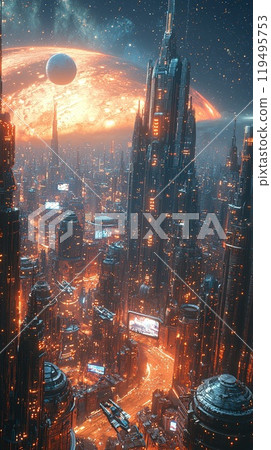 Futuristic cityscape with flying vehicles and glowing skyscrapers. Created with Generative AI 119495753