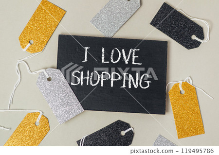 Blackboard with the words I love shopping written on it Blackboard with the words I love shopping written on it 119495786