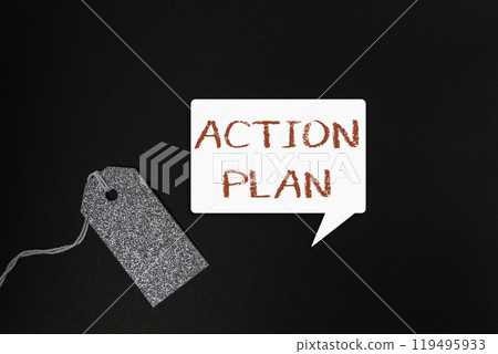 Tag with the word action plan written on it 119495933