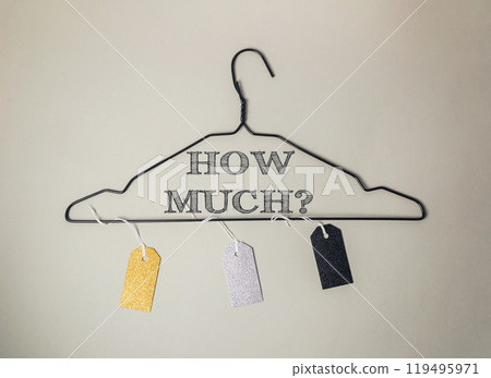A clothes hanger with tags hanging from it that say How much? in black letters A clothes hanger with tags hanging from it that say How much? in black letters 119495971