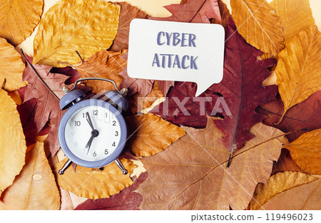 A clock is on a pile of leaves with the words cyber attack written above it A clock is on a pile of leaves with the words cyber attack written above it 119496023