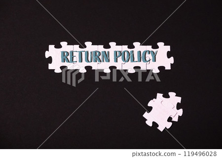 A puzzle piece with the word return policy written on it A puzzle piece with the word return policy written on it 119496028