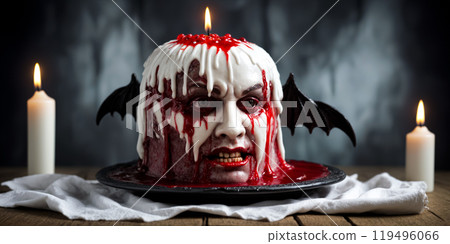 A Halloween cake in the shape of a monster head covered with white icing and red icing as red as blood it's dripping down your face. Halloween decoration in the background. Creative artistic painting	 119496066