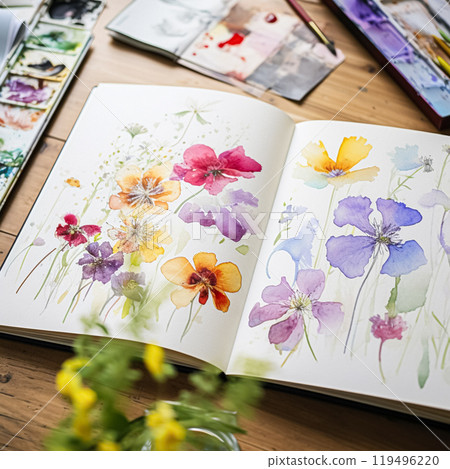 Watercolour painting of wildflowers in a sketchbook, surrounded by an array of watercolour paints and brushes on a wooden table, hobby and craft idea 119496220