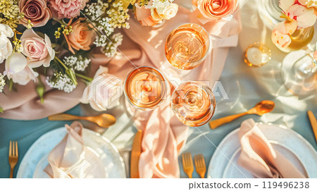 Table decor in a summer garden, holiday tablescape and dinner table setting, formal event decoration for wedding, family celebration, English country and home styling idea 119496238
