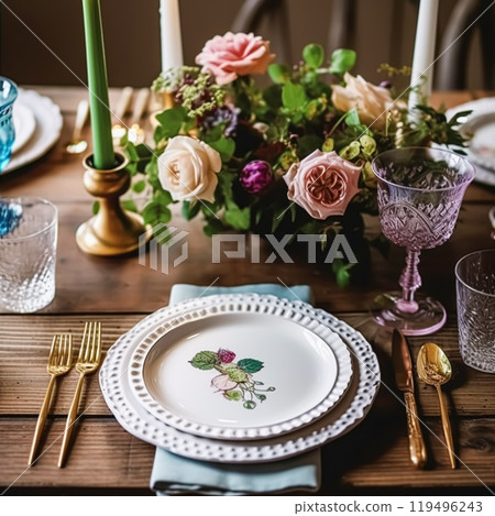 Traditional holiday tablescape, formal dinner table setting, table scape with country classic style decoration for wedding and celebration, post-processed, generative ai 119496243