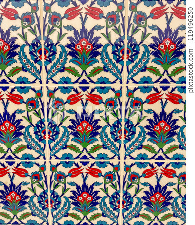 Decorative colourful Turkish ceramic tiles panel with floral design. High quality photo 119496250