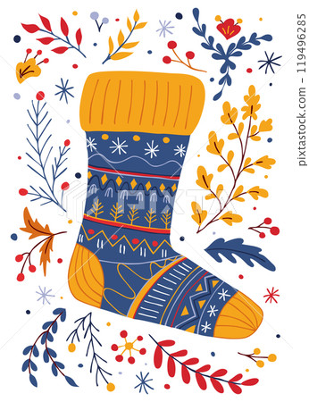 Christmas sock with patterns surrounded by seasonal foliage and festive elements 119496285