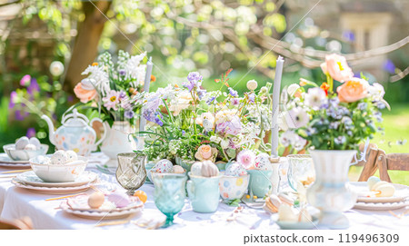 Easter tablescape decoration, floral holiday table decor for family celebration, spring flowers, Easter eggs, Easter bunny and vintage dinnerware, English country and home styling Easter tablescape decoration, floral holiday table decor for family celebration, spring flowers, Easter eggs, Easter bunny and vintage dinnerware, English country and home styling 119496309