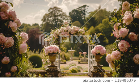 Wedding decoration with peonies, floral decor and event celebration, peony flowers and wedding ceremony in the garden, English country style 119496379