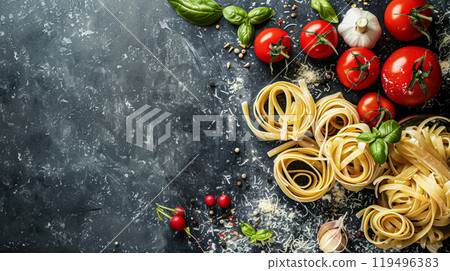 Pasta recipe preparation flatlay background with ingredients, spaghetti, olive oil, garlic, tomatoes and spices in the kitchen, homemade food recipe idea 119496383
