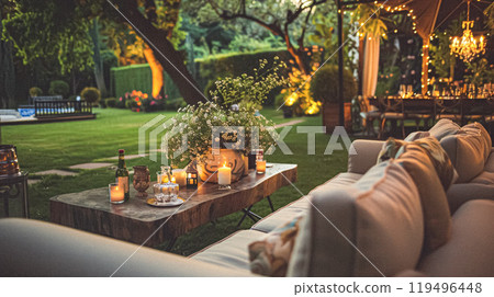 Summer party celebration in the garden, outdoor lounge and countryside house patio decor, English country cottage house design idea Summer party celebration in the garden, outdoor lounge and countryside house patio decor, English country cottage house design idea 119496448