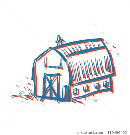Farm barn cowshed building exterior with tractor and windmill flat vector Farm barn cowshed building exterior with tractor and windmill flat vector 119496463