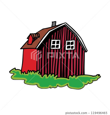 Cartoon illustration of a red barn with white trim Cartoon illustration of a red barn with white trim 119496465