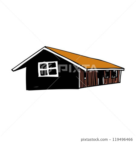 Farm barn cowshed building exterior with tractor and windmill flat vector Farm barn cowshed building exterior with tractor and windmill flat vector 119496466