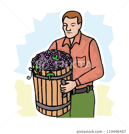 Farmer or gardener man with basket carries behind back full of ripe grapes 119496487