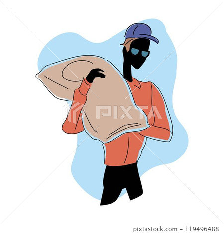 farmer working with sack in agricultural field 119496488