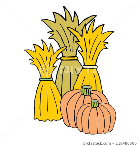 corn haystack and Pumpkins in rectangular bundle with ropes, countryside farm agriculture haystack vector corn haystack and Pumpkins in rectangular bundle with ropes, countryside farm agriculture haystack vector 119496506