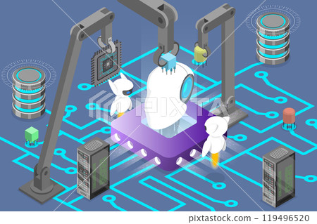 3D Isometric Flat Vector Illustration of Industry 4.0, Automated Robotic Arms Assembling Cyborg Head 3D Isometric Flat Vector Illustration of Industry 4.0, Automated Robotic Arms Assembling Cyborg Head 119496520