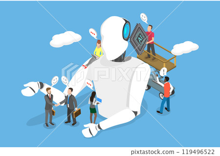3D Isometric Flat Vector Illustration of Robot Factory, Integrating AI Processing Chip Into Human Brain 119496522
