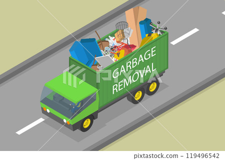 3D Isometric Flat Vector Illustration of Junk Removal, Garbage Truck Filled With Trash 119496542