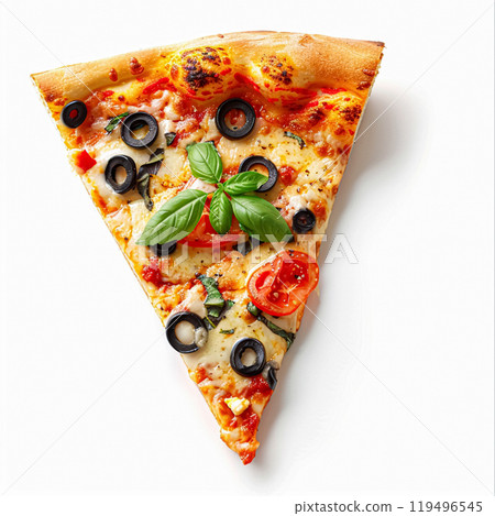 Pizza slice isolated on white background, online delivery from pizzeria, take away and fast food concept 119496545
