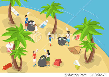 3D Isometric Flat Vector Illustration of Environmental Water Pollution, Volunteers Cleaning Sea Shore from Plastic and Other Trash 119496576