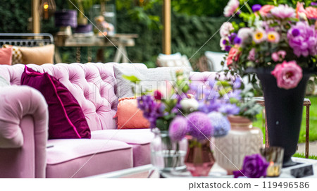 Summer party celebration in the garden, outdoor lounge and countryside house patio decor, English country cottage house design idea 119496586