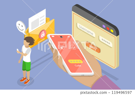 3D Isometric Flat Vector Illustration of Secure Identification, Using OTP Password Code For Two-Factor Authentication Login 3D Isometric Flat Vector Illustration of Secure Identification, Using OTP Password Code For Two-Factor Authentication Login 119496597