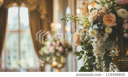 Grand wedding decoration in the country manor, floral decor and event celebration, flowers, wedding aisle and tablescape in the garden, English countryside style idea 119496608