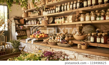 Details and products on shelves in the English counryside farm shop, small business, country style design Details and products on shelves in the English counryside farm shop, small business, country style design 119496625