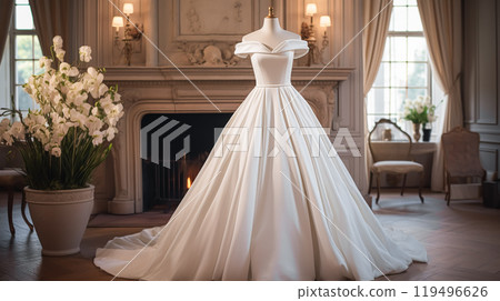 Wedding drees, bridal gown style and bespoke fashion, full-legth white tailored ball gown in showroom, tailor fitting, beauty and wedding inspiration Wedding drees, bridal gown style and bespoke fashion, full-legth white tailored ball gown in showroom, tailor fitting, beauty and wedding inspiration 119496626