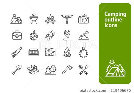 Camping Equipment Sign Black Thin Line Icon Set. Vector Camping Equipment Sign Black Thin Line Icon Set. Vector 119496670