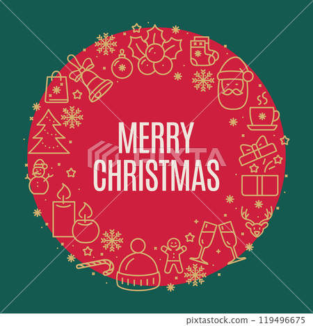 Merry Christmas Sign Round Design Template Gold Thin Line Icon Banner. Vector 119496675