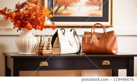 Autumnal hallway decor, interior design and house decoration, welcoming autumn entryway furniture, stairway and entrance hall home decor in an English country house and cottage style idea 119496676