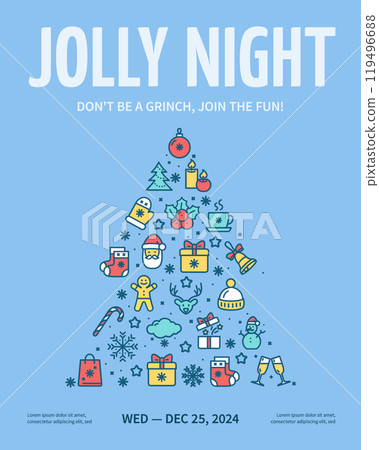 Jolly Night Merry Christmas and Happy New Year Concept Vertical Invitation Placard Poster Banner Card Template. Vector 119496688