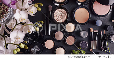 Make-up cosmetic product, beauty products and cosmetics swatch sample flatlay, various makeup brand tools as glamour fashion night out background idea 119496719