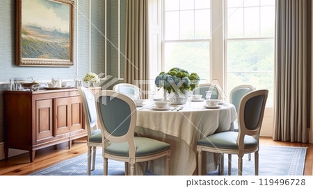 Dining room decor, interior design and house improvement, elegant table with chairs, furniture and classic blue home decor, country cottage style idea Dining room decor, interior design and house improvement, elegant table with chairs, furniture and classic blue home decor, country cottage style idea 119496728