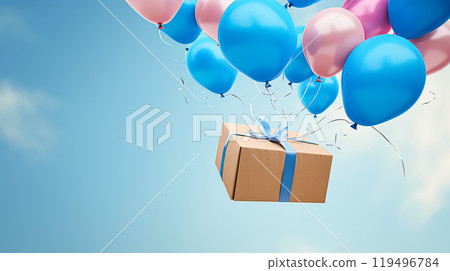 Postal service, shop delivery and online shopping, flying balloons carrying a parcel box, post-processed, generative ai 119496784